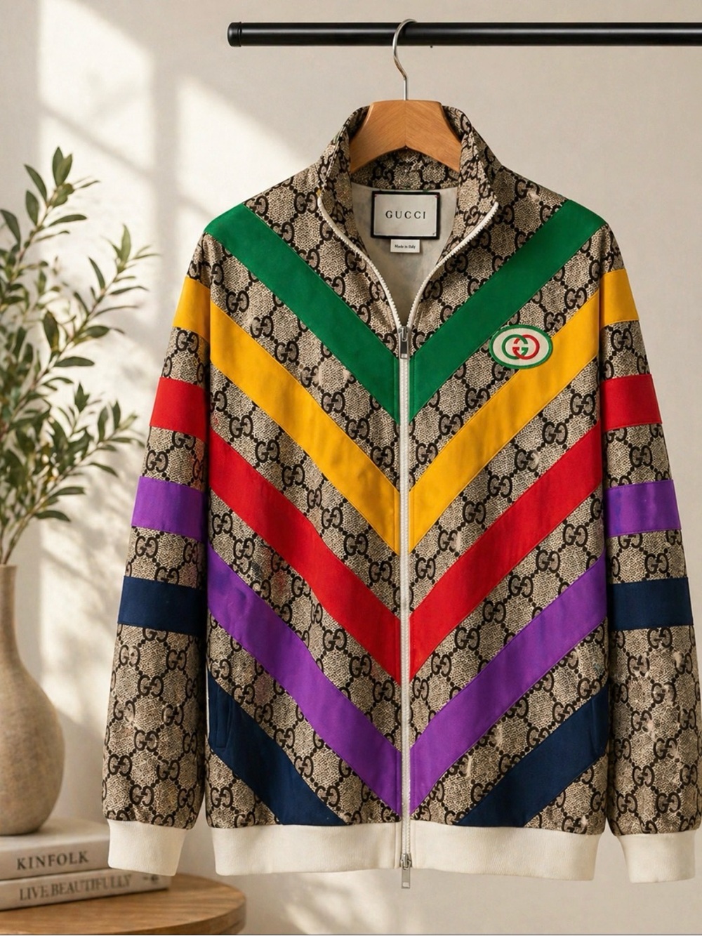 Gucci Multicolor Chevron GG Zip Jacket - Green, Yellow, Red, Purple, Navy